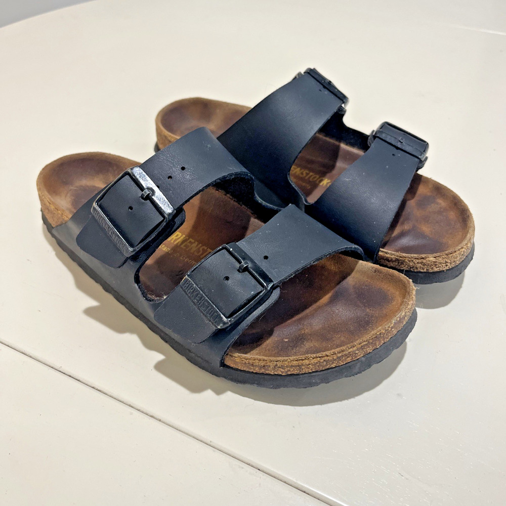 Birkenstock Arizona Sandals Black Women Sz 38 US 7 Double Logo Buckle